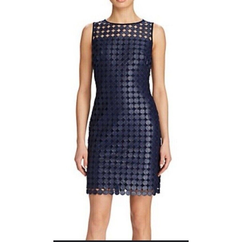 LAUREN RALPH LAUREN Melia Dot Lace Navy Sheath Dress Women 14 Sleeveless Party